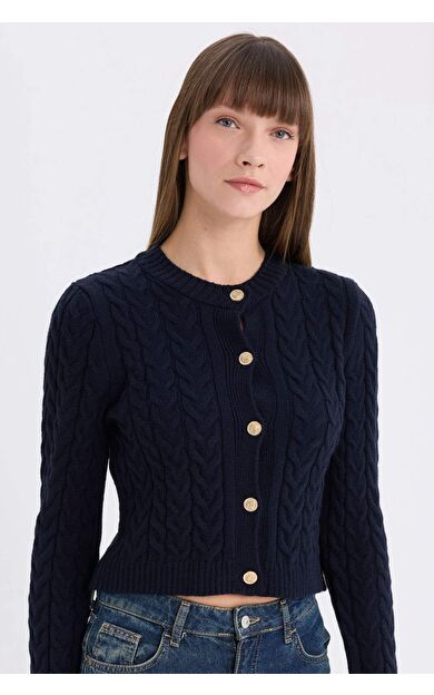 DeFacto Regular Fit Bisiklet Yaka Saç Örgülü Düğmeli Triko Hırka