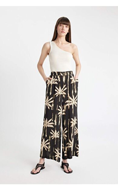 DeFacto Culotte Desenli Beli Lastikli Geniş Paça Uzun Boy Maroken Pantolon