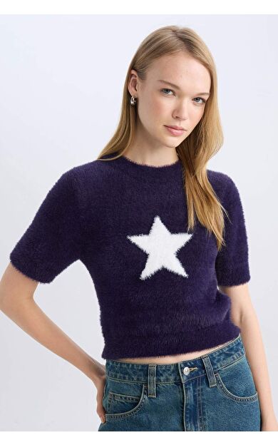 Kadın Lacivert Coool Fitted Bisiklet Yaka Yıldız Baskılı Kısa Kollu Pelüş Kazak