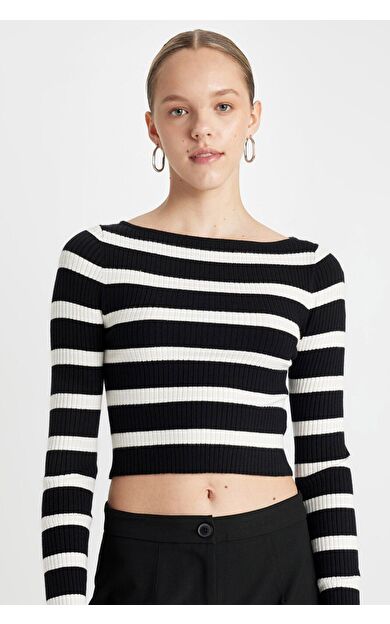 DeFacto DeFactoFit Slim Fit Çizgili Kayık Yaka Kazak