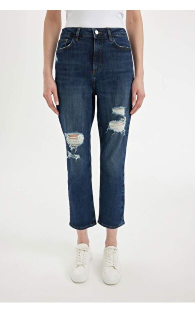 DeFacto Mary Vintage Straight Fit Yırtık Detaylı Yüksek Bel Bilek Boy Jean Pantolon