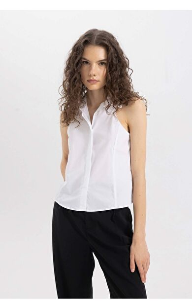 DeFactoFit Fitted Gömlek Yaka Poplin Kolsuz Gömlek