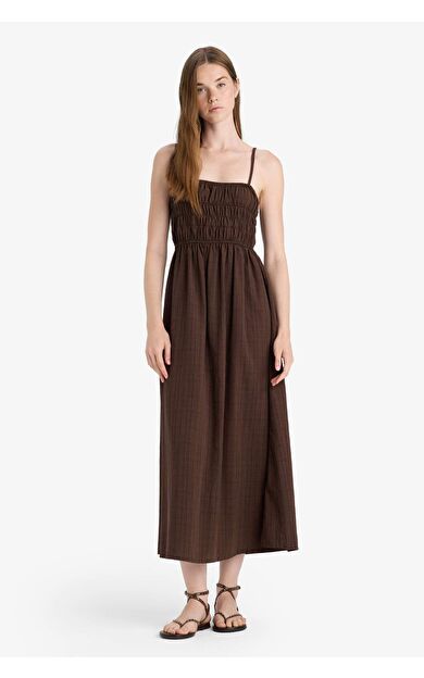 Keten Görünümlü Askılı Maxi Elbise