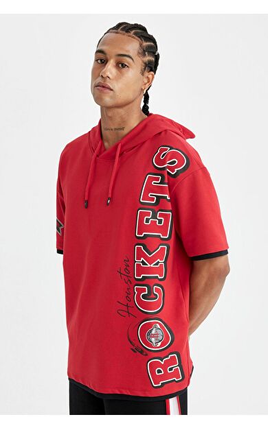 DeFacto DeFactoFit NBA Houston Rockets Oversize Fit Kapüşonlu Kısa Kollu Tişört