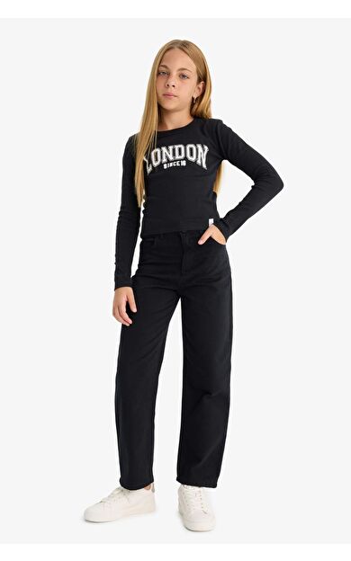 DeFacto Kız Çocuk Straight Fit Geniş Bol Paça Cepli Pamuklu Okul Pantolonu C9471A825AUBK27