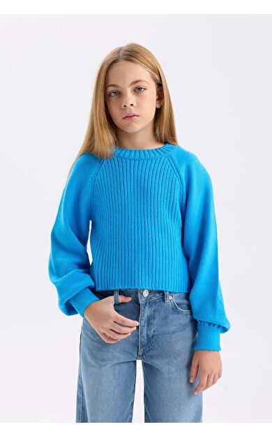 DeFacto Kız Çocuk Standart Fit Bisiklet Yaka Kol Ucu Lastikli Triko Kazak