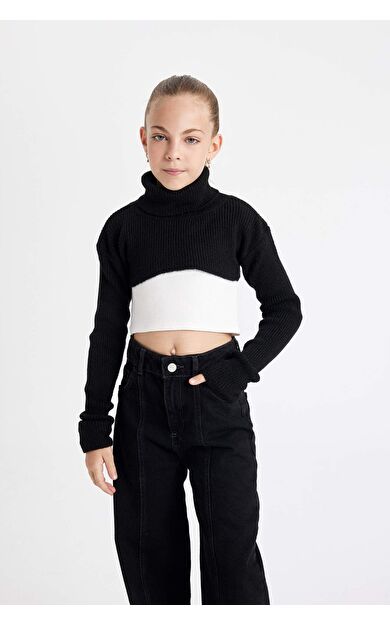 DeFactoFit Kız Çocuk Crop Balıkçı Yaka Kazak