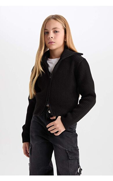 DeFacto Kız Çocuk Basic Düz Dik Yaka Fermuarlı Siyah Triko Hırka