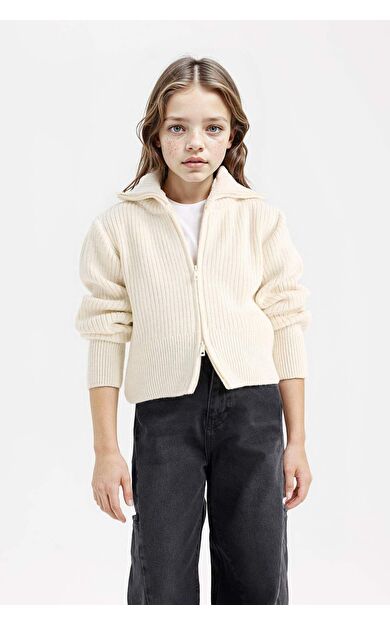 DeFacto Kız Çocuk Basic Düz Dik Yaka Fermuarlı Triko Hırka