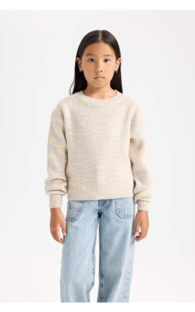 DeFacto Kız Çocuk Oversize Fit Geniş Kalıp Bisiklet Yaka Triko Kazak