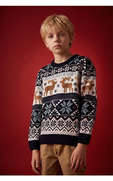 DeFacto Erkek Çocuk Regular Fit Desenli Bisiklet Yaka Triko Kazak