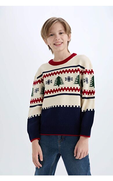 DeFacto Erkek Çocuk Regular Fit Yılbaşı Temalı Bisiklet Yaka Triko Kazak