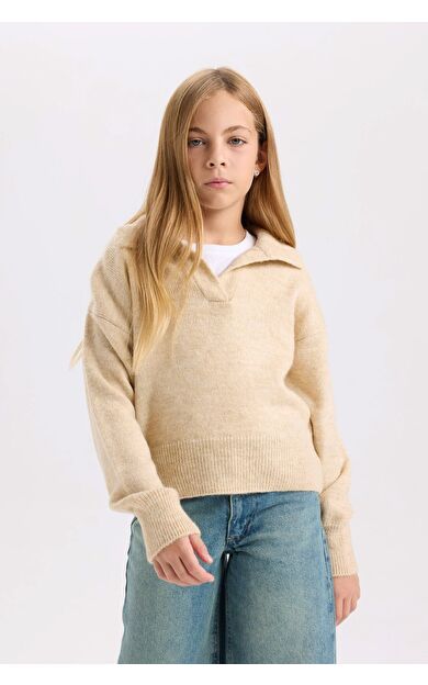DeFacto Kız Çocuk Bej Regular Fit Polo Yaka Basic Düz Triko Kazak