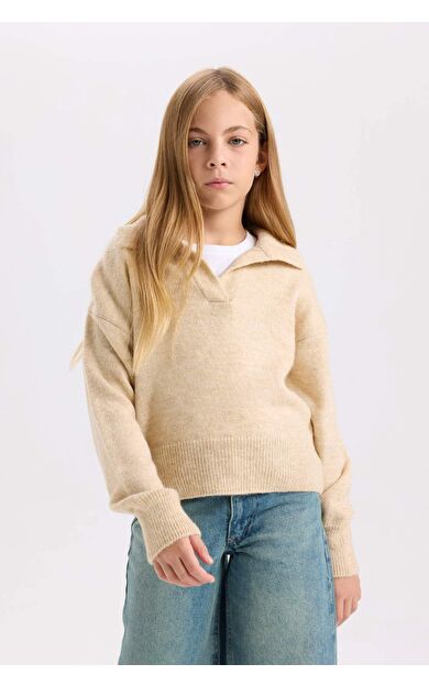 DeFacto Kız Çocuk Bej Regular Fit Polo Yaka Basic Düz Triko Kazak