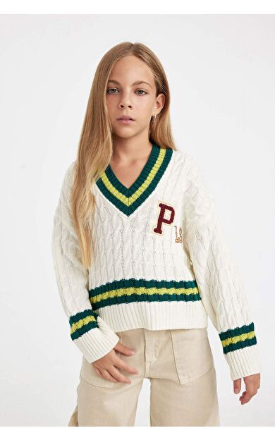 DeFacto Kız Çocuk Standart Fit V Yaka Kazak