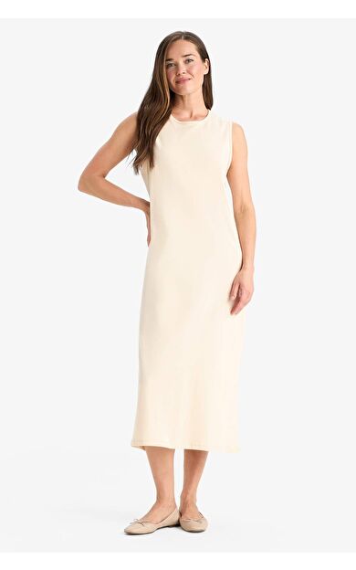 Regular Fit Bisiklet Yaka Basic Düz Penye Kolsuz Midi Elbise