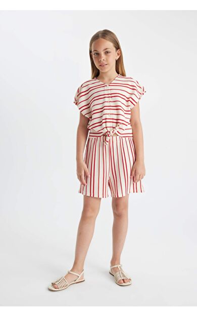 Kız Çocuk Çizgili Kısa Kollu Tulum