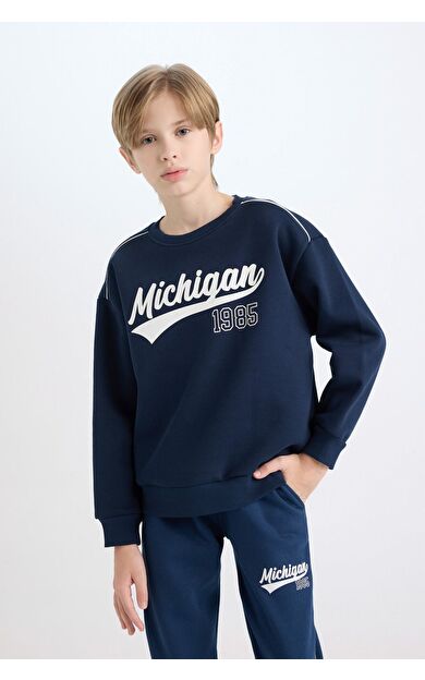 DeFacto Lacivert Erkek Çocuk Oversize Fit Geniş Kalıp Bisiklet Yaka Baskılı Kalın Sweatshirt
