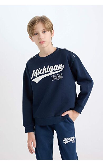 DeFacto Lacivert Erkek Çocuk Oversize Fit Geniş Kalıp Bisiklet Yaka Baskılı Kalın Sweatshirt