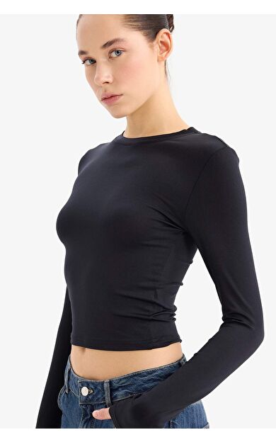 DeFacto Fitted Vücuda Oturan Bisiklet Yaka Basic Düz Uzun Kollu Tişört