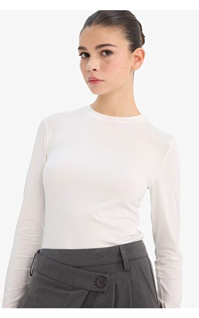 Fıtted Bisiklet Yaka Uzun Kollu Tişört