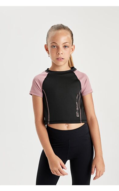 DeFacto DeFactoFit Kız Çocuk Slim Fit Bisiklet Yaka Baskılı Kısa Kollu Tişört