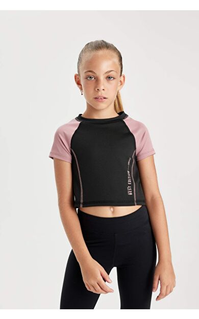 DeFacto DeFactoFit Kız Çocuk Slim Fit Bisiklet Yaka Baskılı Kısa Kollu Tişört