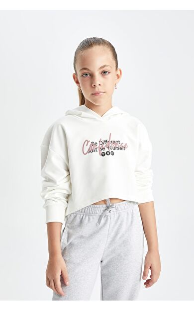 DeFacto DeFactoFit Kız Çocuk Oversize Fit Kapüşonlu Slogan Baskılı Sweatshirt
