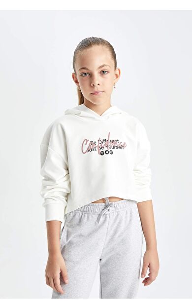 DeFacto DeFactoFit Kız Çocuk Oversize Fit Kapüşonlu Slogan Baskılı Sweatshirt
