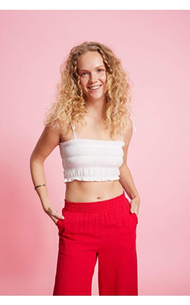 DeFactoFit Crop Askılı Beyaz Poplin Bluz