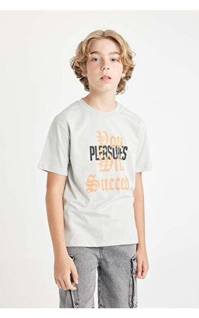 DeFactoFit Erkek Çocuk Bisiklet Yaka Baskılı Kısa Kollu Tişört D0398A824HSGR107