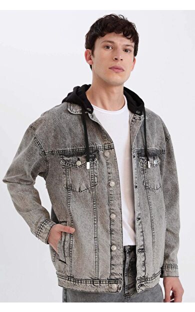 DeFacto Oversize Geniş Kalıp Kapüşonlu Düğmeli Jean Ceket D0416AX24AUNM55
