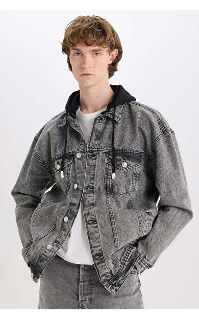 DeFacto Oversize Geniş Kalıp Kapüşonlu Düğmeli Jean Ceket D0416AX25SPNM55