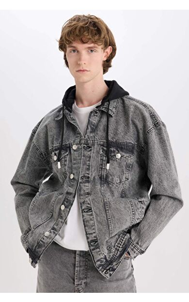 DeFacto Oversize Geniş Kalıp Kapüşonlu Düğmeli Jean Ceket D0416AX25SPNM55