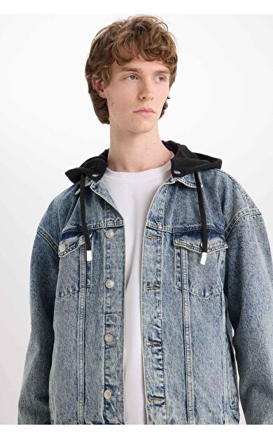 Oversize Geniş Kalıp Kapüşonlu Düğmeli Jean Ceket D0417AX25SPNM39