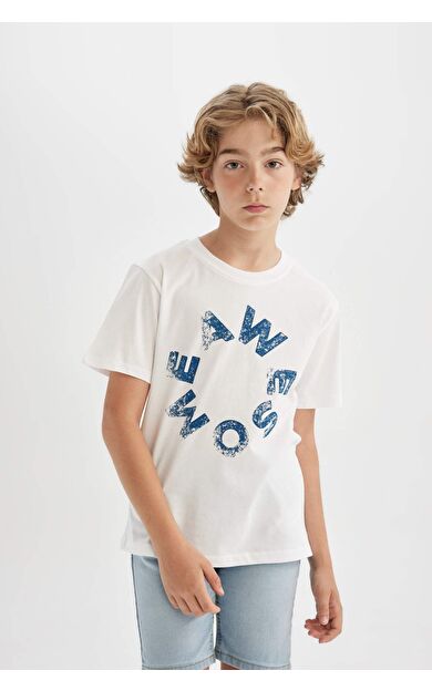 DeFactoFit Erkek Çocuk Regular Fit Bisiklet Yaka Baskılı Kısa Kollu Tişört