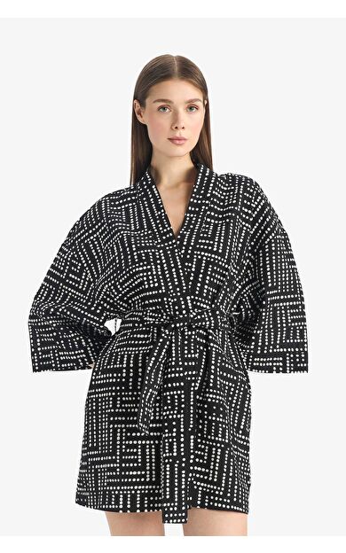 DeFacto Regular Fit Desenli Kuşaklı Pamuklu Kimono-Fall in Love D0453AX25SPBK27