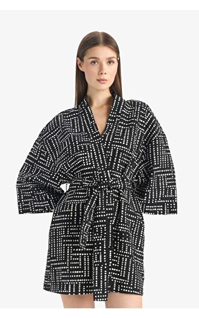 Regular Fit Desenli Kuşaklı Pamuklu Kimono-Fall in Love D0453AX25SPBK27