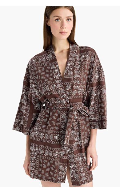 Regular Fit Desenli Kuşaklı Pamuklu Kimono-Fall in Love