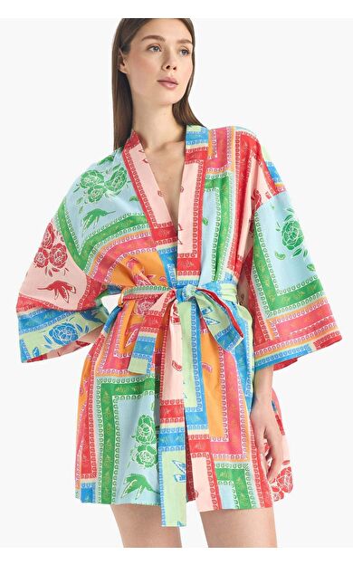 Regular Fit Desenli Kuşaklı Pamuklu Kimono-Fall in Love D0453AX25SPPN206