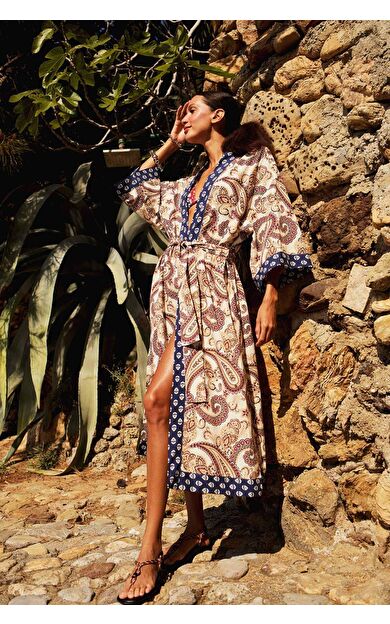 Regular Fit Kuşaklı Etnik Desenli Pamuklu Kimono-Fall in Love