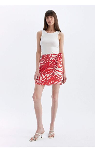 Desenli Normal Bel Keten Karışımlı Mini Etek