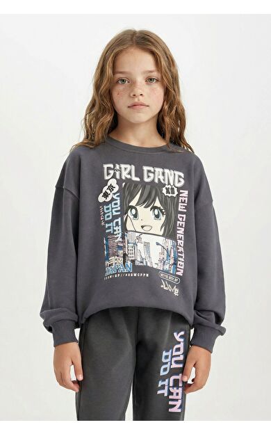 DeFacto Kız Çocuk Oversize Fit Bisiklet Yaka Baskılı Sweatshirt D0610A824AUAR31