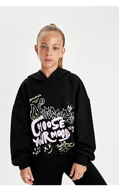 DeFacto Kız Çocuk Oversize Fit Kapüşonlu Baskılı Sweatshirt