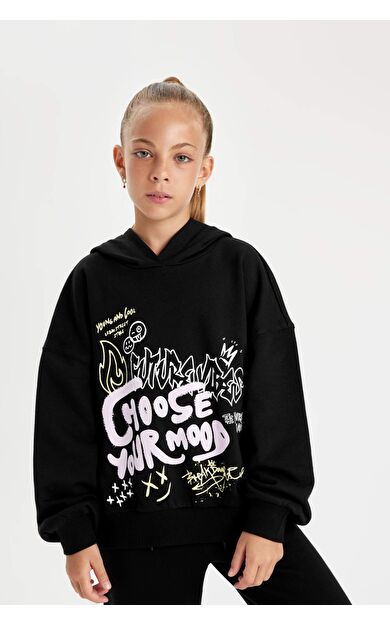 DeFacto Kız Çocuk Oversize Fit Kapüşonlu Baskılı Sweatshirt