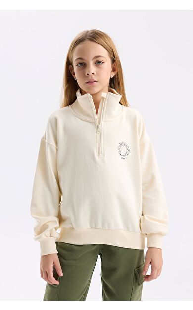 DeFacto Kız Çocuk Relax Fit Dik Yaka Yarım Fermuarlı Slogan Baskılı Sweatshirt