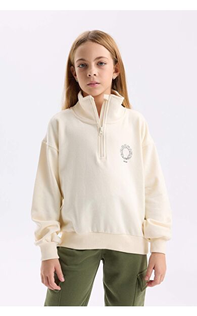 DeFacto Kız Çocuk Relax Fit Dik Yaka Yarım Fermuarlı Slogan Baskılı Sweatshirt