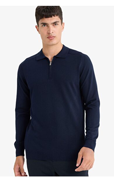 DeFacto Standart Fit Polo Yaka Yarım Fermuarlı Premium Triko Kazak