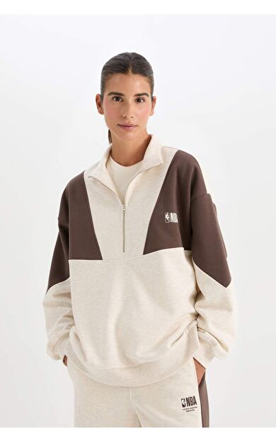 DeFacto DeFactoFit NBA Wordmark Oversize Fit Fermuarlı Dik Yaka Kalın Kumaş Sweatshirt