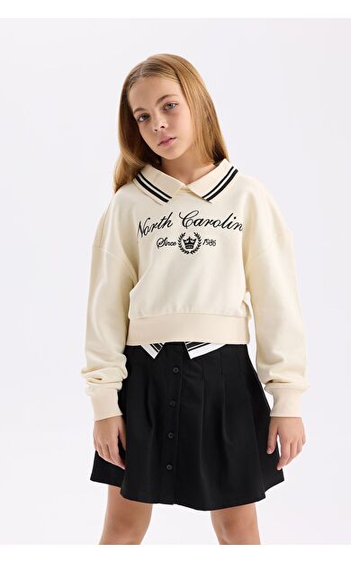 DeFacto Kız Çocuk Relax Fit Polo Yaka Slogan Baskılı Sweatshirt D0702A824AUER83